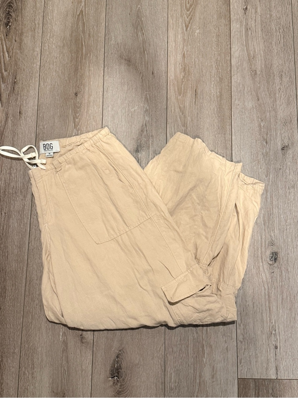 BDG Women’s Luca Light Beige Drawstring Linen Cargo Pants